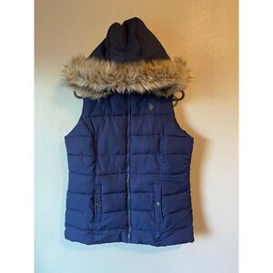 US Polo Assn Women's M, Puffer Vest Navy Blue Hooded Fur Trim Zip Front Casual